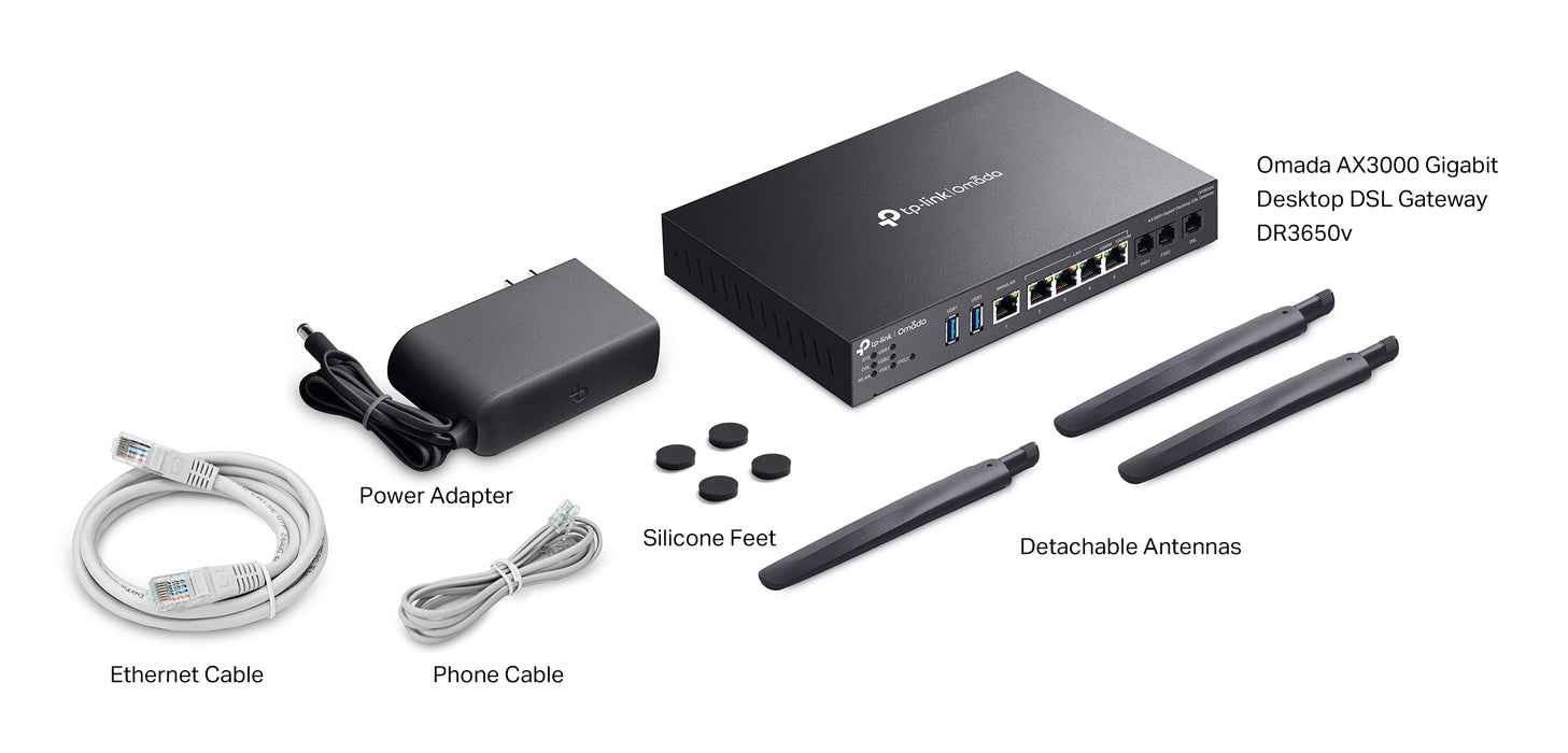 TP-Link Omada AX3000, Dual-band (2.4 GHz / 5 GHz), Ethernet LAN, ADSL, ADSL2, Black, Tabletop router