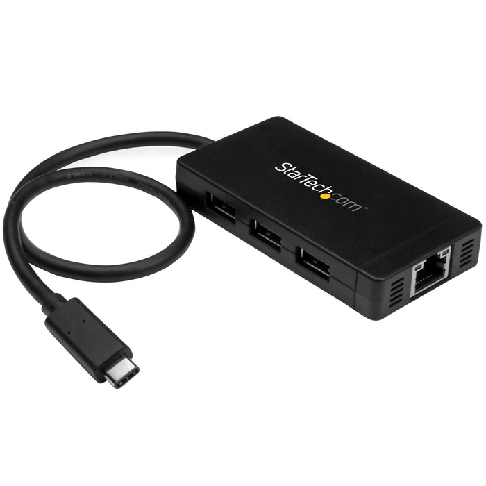 StarTech.com 3-Port USB-C Hub with Gigabit Ethernet - USB-C to 3x USB-A - USB 3.0 (5Gbps) - Includes Power Adapter - TAA, Wired, USB, Ethernet, 1000 Mbit/s, Black