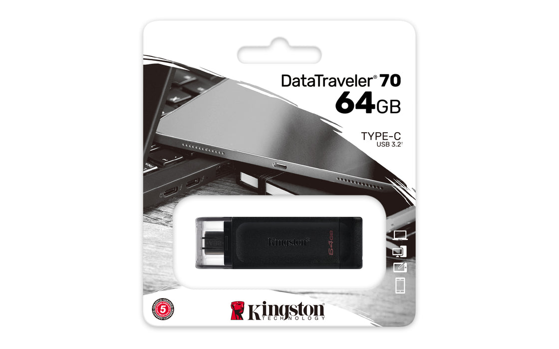 Kingston Technology DataTraveler 64GB USB-C 3.2 Gen 1 70, 64 GB, USB Type-C, 3.2 Gen 1 (3.1 Gen 1), Cap, 7 g, Black