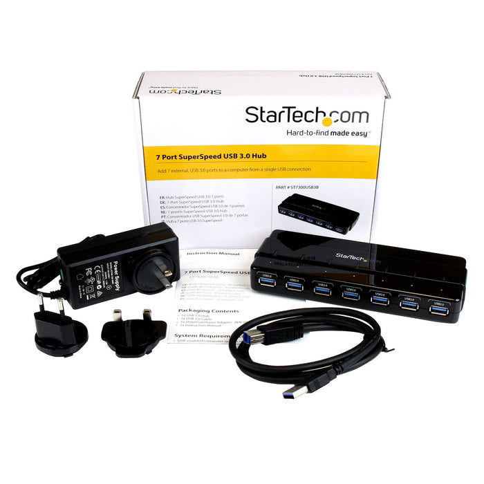 StarTech.com 7-Port USB 3.0 Hub (5Gbps) - Desktop, USB 3.2 Gen 1 (3.1 Gen 1) Type-B, USB 3.2 Gen 1 (3.1 Gen 1) Type-A, 5000 Mbit/s, Black, Plastic, DC