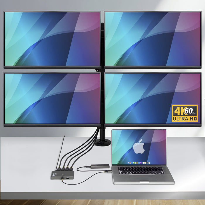 StarTech.com USB-C to Quad-Monitor Workstation Adapter, 4K 60Hz DisplayPort, 140W PD Passthrough for Laptop Charging, USB Port for Wireless Keyboard / Mouse, TAA, Wired, USB 3.2 Gen 1 (3.1 Gen 1) Type-C, 140 W, Grey, 4K Ultra HD, 3840 x 2160 pixels