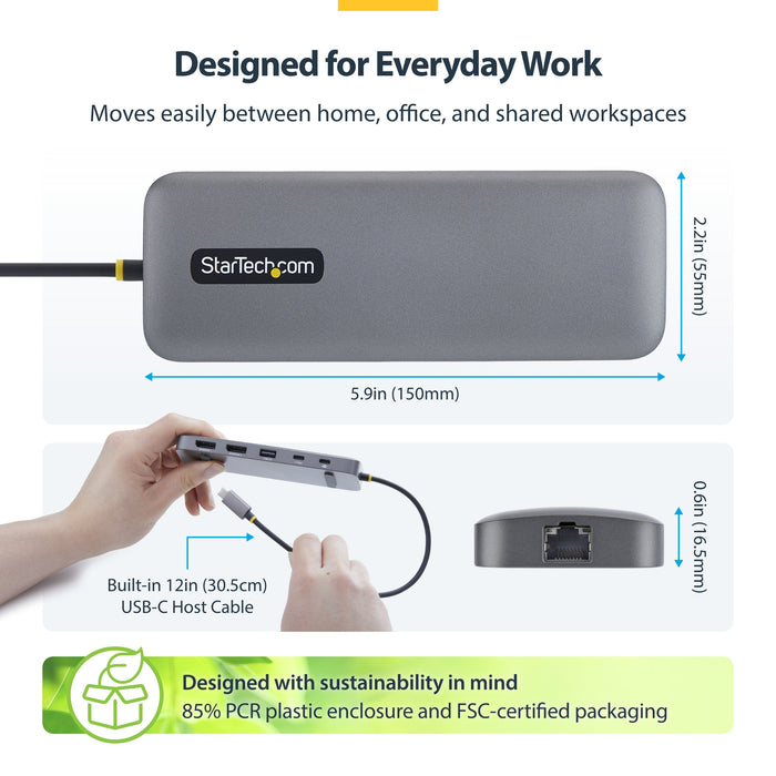StarTech.com 10-in-1 USB-C to Dual-DisplayPort Multiport Adapter, 100W Power Delivery Charging, 2x 4K 60Hz, 5-Port 5Gbps Hub, Gigabit Ethernet, Type-C Mini Dock, Wired, USB 3.2 Gen 1 (3.1 Gen 1) Type-C, 100 W, 10,100,1000 Mbit/s, Grey, 5 Gbit/s