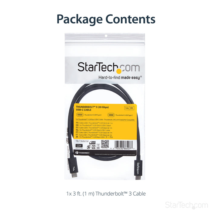 StarTech.com 3.3ft (1m) Thunderbolt 3 Cable, 20Gbps, 100W PD, 4K, Thunderbolt Certified, Compatible with Thunderbolt 4/USB 3.2/DisplayPort, Male, Male, 1 m, 20 Gbit/s, Black, Nickel