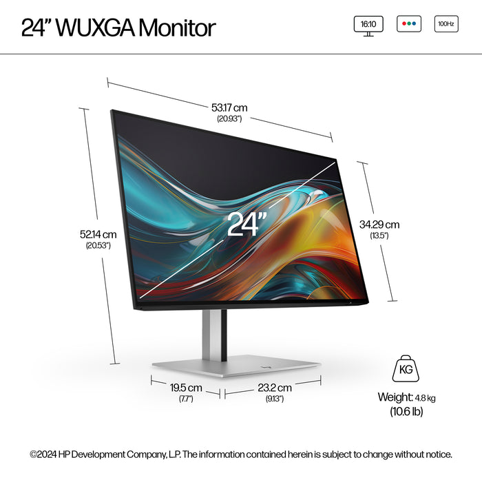 HP Series 7 Pro 24 inch WUXGA Monitor - 724pn, 61 cm (24"), 1920 x 1200 pixels, WUXGA, LCD, 5 ms, Black, Silver