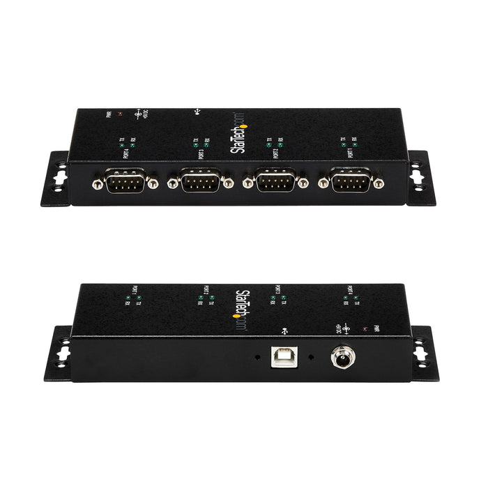 StarTech.com 4 Port USB to DB9 RS232 Serial Adapter Hub – Industrial DIN Rail and Wall Mountable - TAA, USB 2.0 Type-B, Serial, Black, Steel, Activity, USB