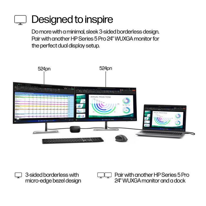 HP Series 5 Pro 24 inch WUXGA Monitor - 524pn, 61 cm (24"), 1920 x 1200 pixels, WUXGA, LCD, 5 ms, Black