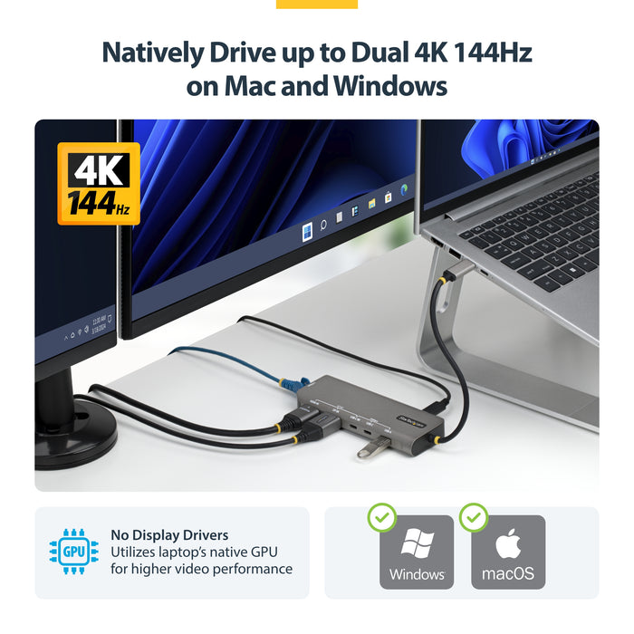 StarTech.com USB4 Multiport Adapter, Driverless Dual-4K for macOS and Windows, 140W Power Delivery Charging, 3-Port 10Gbps Hub, 2.5GbE, Mini Dock, Wired, USB4, 140 W, 10,100,1000,2500 Mbit/s, Grey, 40 Gbit/s
