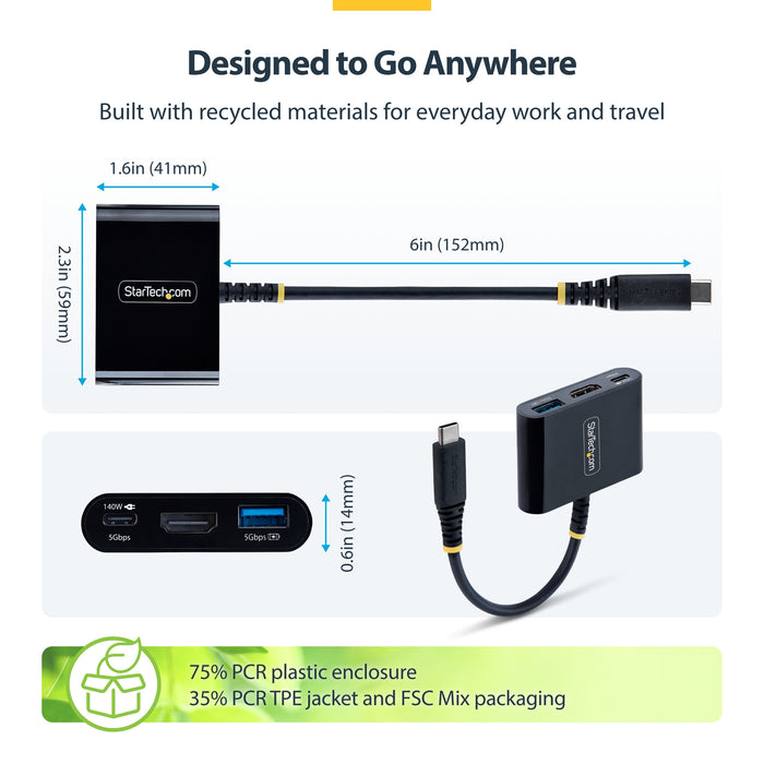 StarTech.com USB-C to HDMI Multiport Adapter with 140W PD Charging, 4K 60Hz HDMI, USB 5Gbps Hub, Mini Dock For MacBook / Dell / Thinkpad / HP / iPad / Tablets, Wired, USB 3.2 Gen 1 (3.1 Gen 1) Type-C, 140 W, Black, 5 Gbit/s, 4K Ultra HD