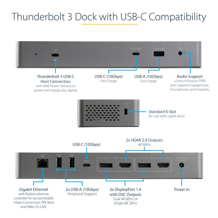 StarTech.com USB C Docking Station for Macbook Pro/Air-M1/M2/M3/M4, Thunderbolt Compatible, HDMI/DisplayPort, Dual 4K 60Hz/Single 8K, USB Type-C Laptop Dock, 96W Power Delivery, USB 10Gbps, Wired, Thunderbolt 3, 96 W, 3.5 mm, Black, Grey, 40 Gbit/s