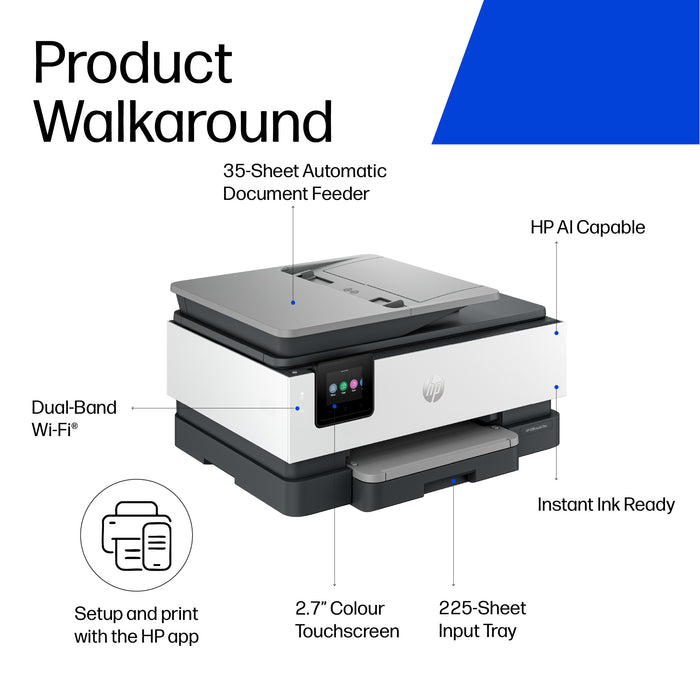 HP OfficeJet Pro 8125e Wireless All-in-One Color Printer, Instant Ink; Two-sided printing, Thermal inkjet, Colour printing, 4800 x 1200 DPI, A4, Direct printing, Blue