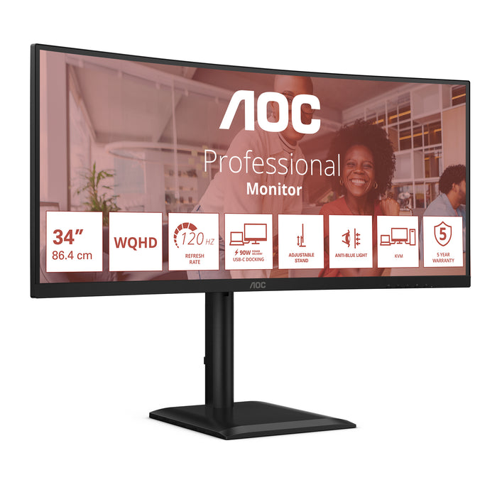 AOC E4 CU34E4CV, 86.4 cm (34"), 3440 x 1440 pixels, UltraWide Quad HD, LCD, 4 ms, Black