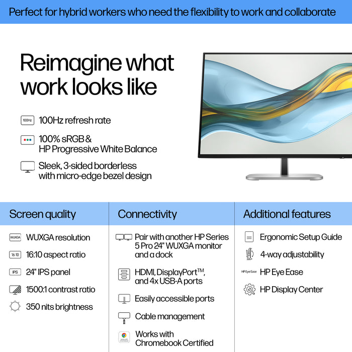 HP Series 5 Pro 24 inch WUXGA Monitor - 524pn, 61 cm (24"), 1920 x 1200 pixels, WUXGA, LCD, 5 ms, Black