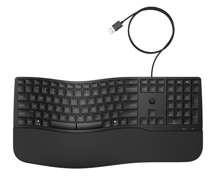 HP 485 Comfort Wired Keyboard, Full-size (100%), Wired, USB, Membrane, Black