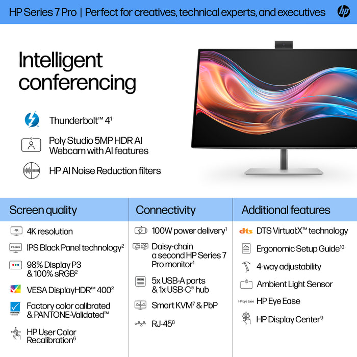 HP Series 7 Pro 27 inch 4K Conferencing Monitor - 727pm, 68.6 cm (27"), 4K Ultra HD, LCD, 5 ms