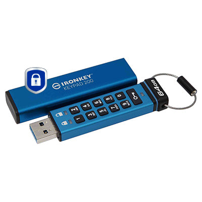 Kingston Technology IronKey 64GB Keypad 200, FIPS 140-3 Lvl 3 AES-256 Hardware Encrypted, 64 GB, USB Type-A, 3.2 Gen 1 (3.1 Gen 1), 145 MB/s, Sleeve, Blue