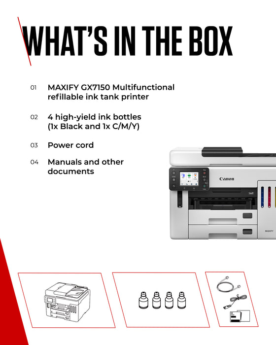 Canon MAXIFY GX7150, Inkjet, Colour printing, 600 x 1200 DPI, A4, Direct printing, Black, White