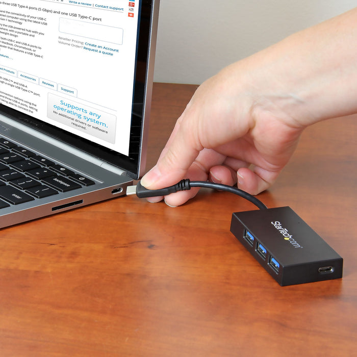 StarTech.com 4-Port USB-C Hub - USB-C to 1x USB-C and 3x USB-A - USB 3.0 Hub - 5Gbps - TAA, USB 3.2 Gen 1 (3.1 Gen 1) Type-C, USB 3.2 Gen 1 (3.1 Gen 1) Type-A, 5000 Mbit/s, Black, Plastic, CE, FCC, RoHS
