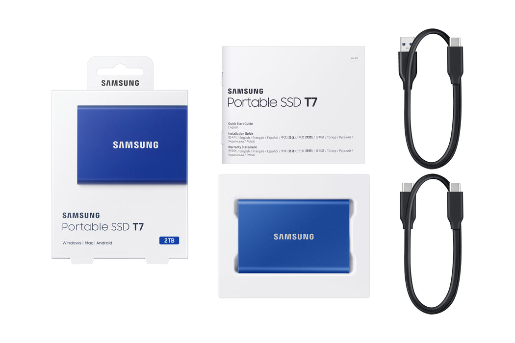 Samsung Portable SSD T7, 2 TB, USB Type-C, 3.2 Gen 2 (3.1 Gen 2), 1050 MB/s, Password protection, Blue
