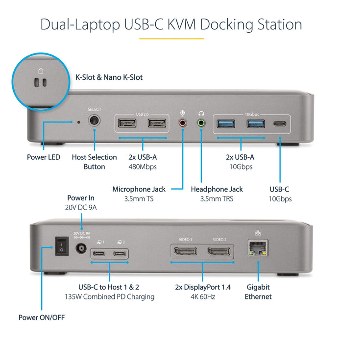 StarTech.com Dual-Laptop USB-C KVM Docking Station, Dual Monitor 4K 60Hz DisplayPort Dock, 5-Port USB Hub, GbE, 90W/45W Power Delivery to Two Laptops, Windows/Mac, 2-Host KVM Dock - TAA, 3840 x 2160 pixels, Ethernet LAN, 4K Ultra HD, 180 W, Silver