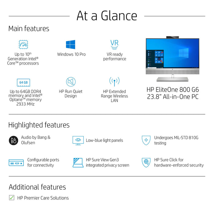 HP EliteOne 800 G6, 60.5 cm (23.8"), Full HD, Intel® Core™ i5, 8 GB, 256 GB, Windows 11 Pro