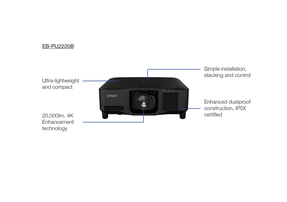Epson EB-PU2220B, 20000 ANSI lumens, 3LCD, WUXGA (1920x1200), 2000:1, 16:10, 1524 - 25400 mm (60 - 1000")