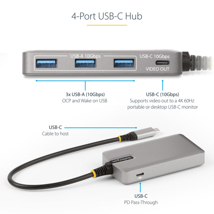 StarTech 4-Port USB-C Hub with USB-C DP Alt Mode Video Output 4K 60Hz - 3x USB-A, 1x USB Type-C, 100W Power Delivery Pass-Through, USB 3.2 10Gbps, 1ft/30cm Cable, Portable USB Hub (HB31C3A1CDPPD3)