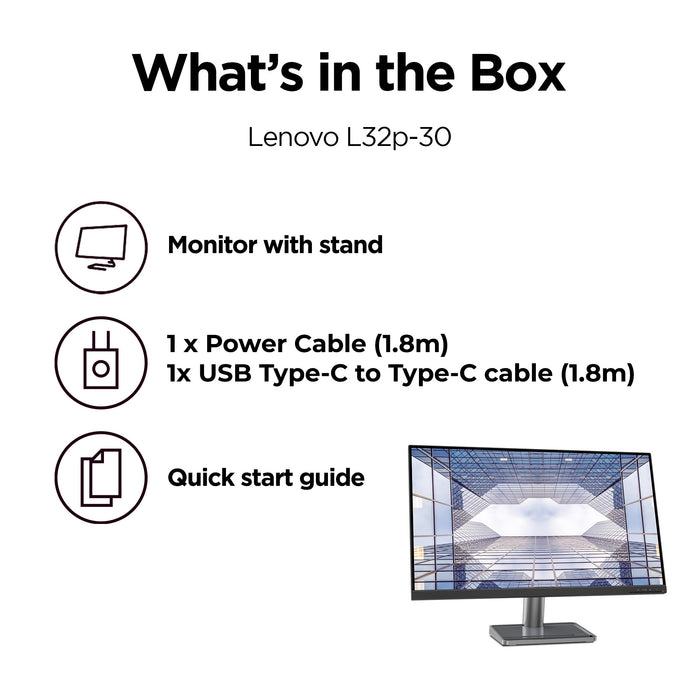 Lenovo L32p-30, 80 cm (31.5"), 3840 x 2160 pixels, 4K Ultra HD, LED, 6 ms, Black