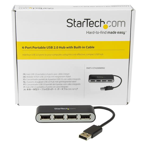 StarTech.com 4-Port Portable USB 2.0 Hub with Built-in Cable, USB 2.0, USB 2.0, 480 Mbit/s, Black, Silver, Plastic, China