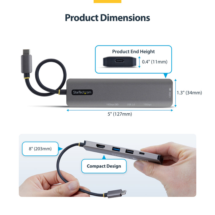 StarTech.com USB-C to HDMI Multiport Adapter with 140W PD Charging, 4K 60Hz, USB 10Gbps Hub, Type-C Mini Dock for MacBook / Dell / Thinkpad / HP, Wired, USB 3.2 Gen 2 (3.1 Gen 2) Type-C, 140 W, Grey, 10 Gbit/s, 4K Ultra HD