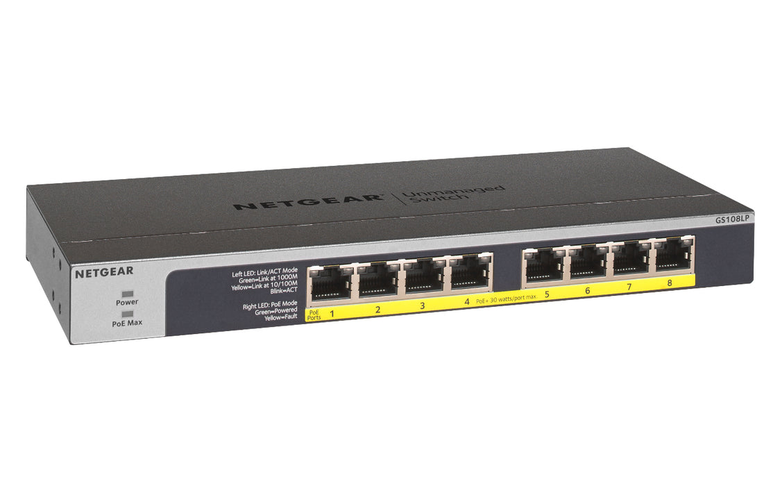 NETGEAR GS108LP, Unmanaged, Gigabit Ethernet (10/100/1000), Power over Ethernet (PoE), Rack mounting, 1U, Wall mountable