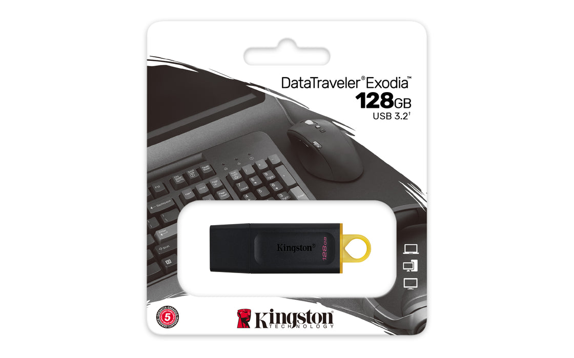 Kingston Technology DataTraveler Exodia - USB 3.2 Flash Drive, 128 GB, USB Type-A, 3.2 Gen 1 (3.1 Gen 1), Cap, 11 g, Black, Yellow