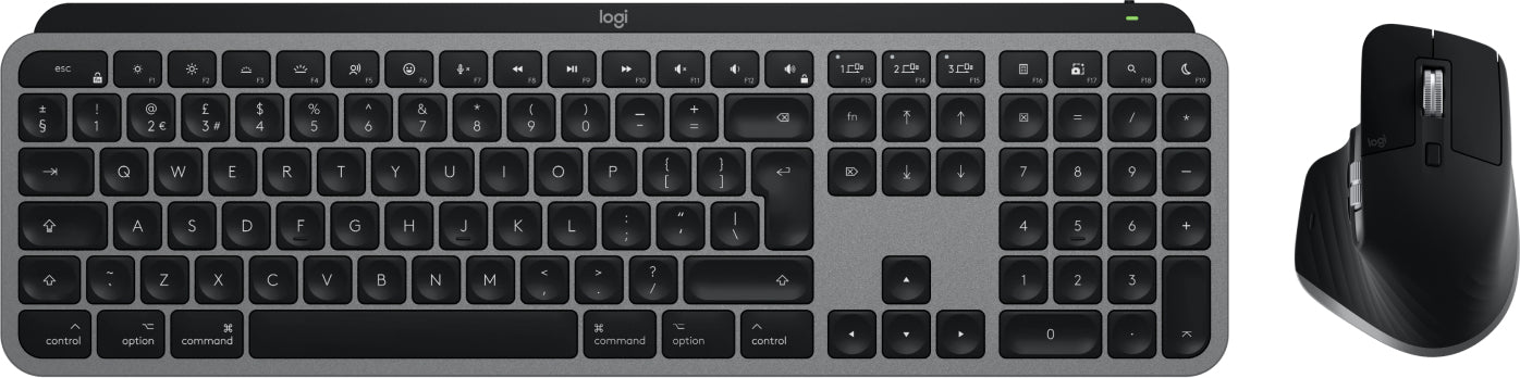 Logitech MX Keys S Combo for Mac, Wireless, RF Wireless + Bluetooth, Scissor key switch, QWERTY, LED, Aluminium, Black