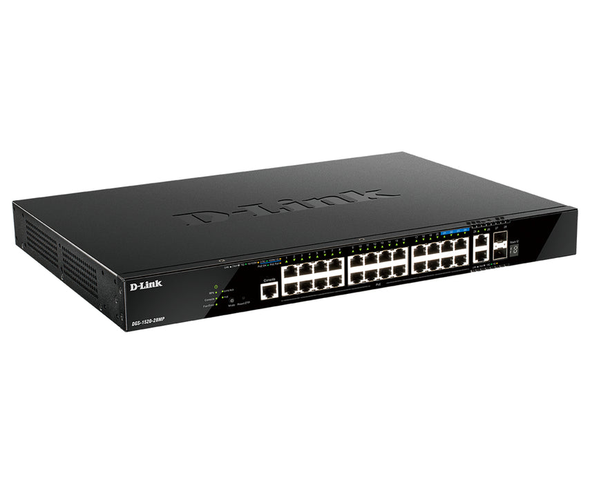 D-Link 28-Port Gigabit Stackable POE+ Smart Managed Switch with 2 x 10GBase-T & 2 x 10G SFP+, Managed, L3, Gigabit Ethernet (10/100/1000), Power over Ethernet (PoE), Rack mounting, 1U