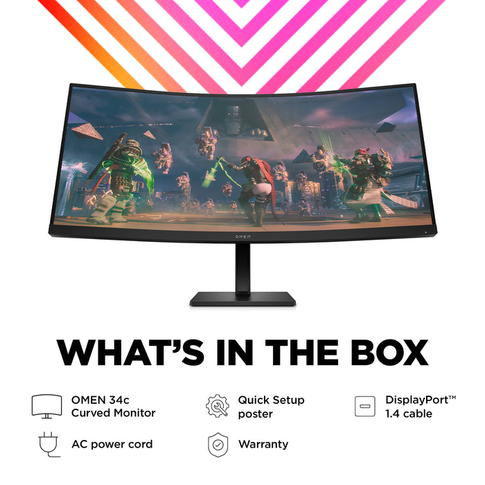 OMEN by HP OMEN by 34 inch WQHD 165Hz Curved Gaming Monitor - OMEN 34c, 86.4 cm (34"), 3440 x 1440 pixels, Wide Quad HD, LCD, 1 ms, Black