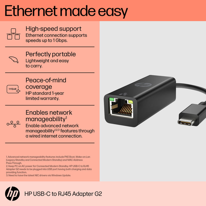 HP USB-C to RJ45 Adapter G2, Wired, USB Type-C, Ethernet, Black