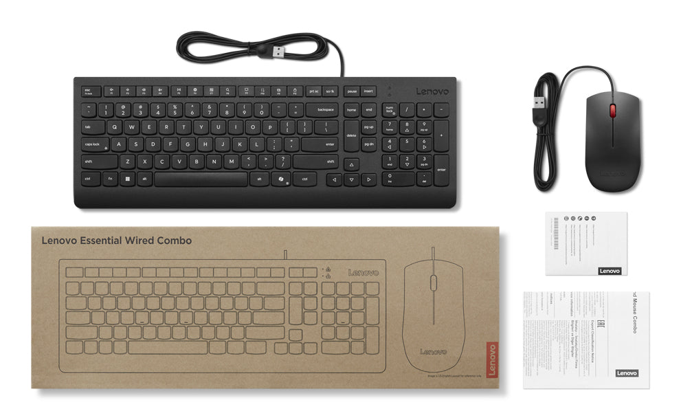 Lenovo KB MICE_BO Essencial WR KBMS GB A1, Full-size (100%), Wired, USB, Black, Mouse included