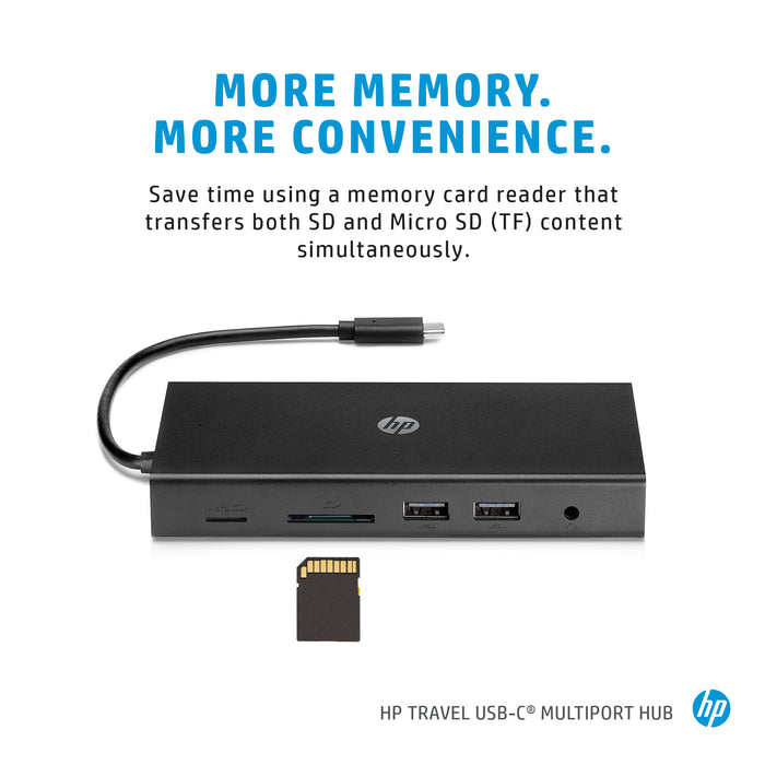 HP Travel USB-C Multi Port Hub, Wired, USB 2.0, Black, MicroSD (TransFlash), SD, China, Compatible with PCs with available USB Type-C port.