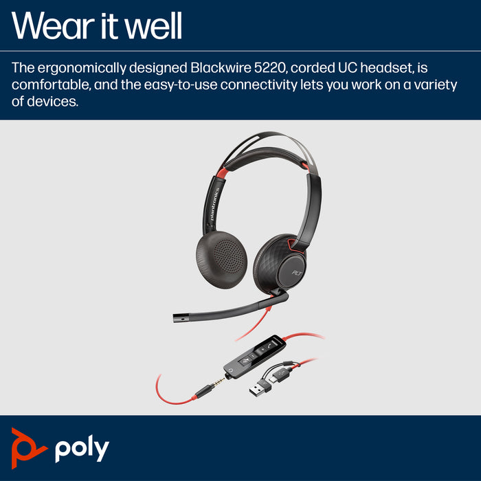 HP Poly Blackwire 5220 Stereo USB-C Headset +3.5mm Plug +USB-C/A Adapter, Wired, Business/Everyday, 165.2 g, Headset, Black