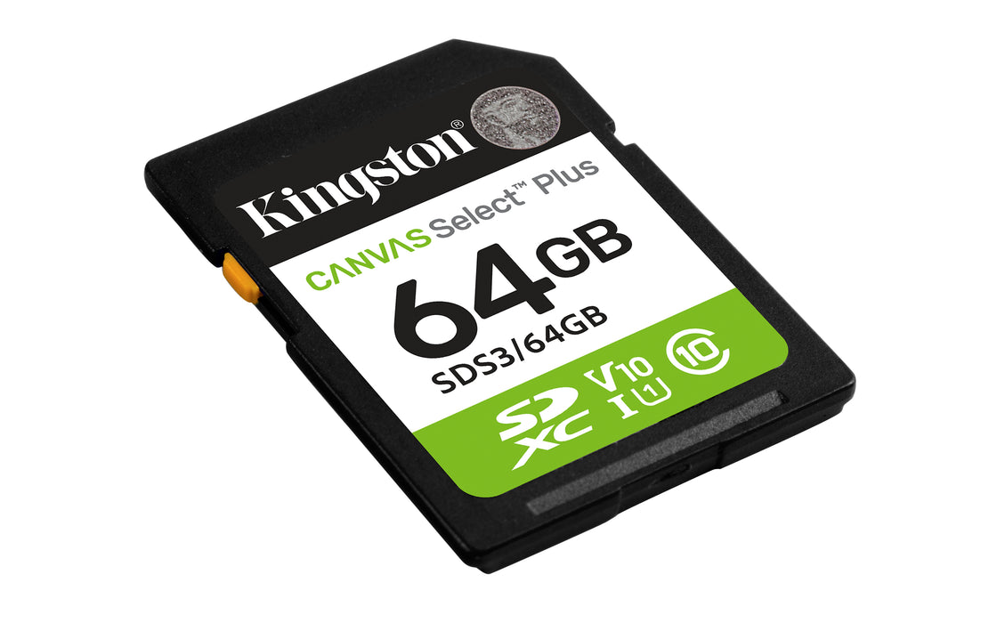 Kingston Technology 64GB SDXC Canvas Select Plus Gen3 100MB/s C10 UHS-I U1 V10, 64 GB, SD, Class 10, UHS-I, 100 MB/s, Class 1 (U1)