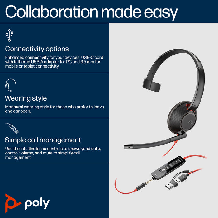 HP Poly Blackwire 5210 Monaural USB-C Headset +3.5mm Plug +USB-C/A Adapter, Wired, Office/Call center, 125.4 g, Headset, Black