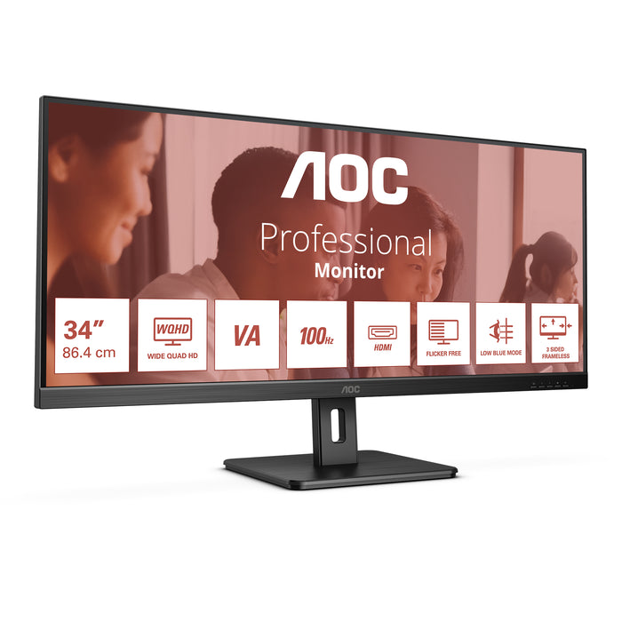 AOC U34E2M, 86.4 cm (34"), 3440 x 1440 pixels, Wide Quad HD, 4 ms, Black