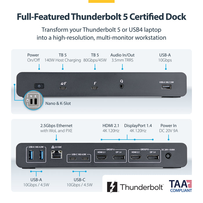StarTech.com Thunderbolt 5 Universal Docking Station for Mac & Windows with Quad Monitors, 140W Power Delivery, 120Gbps Bandwidth Boost, 2.5Gb Ethernet, USB-C & USB-A Ports, Wired, Thunderbolt 5, 140 W, 3.5 mm, 10,100,1000,2500 Mbit/s, Black, Grey