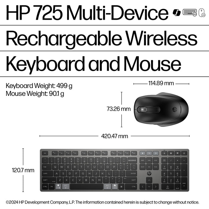 HP 725 Multi-Device Rechargeable Wireless Keyboard and Mouse Combo, Black, Mouse included