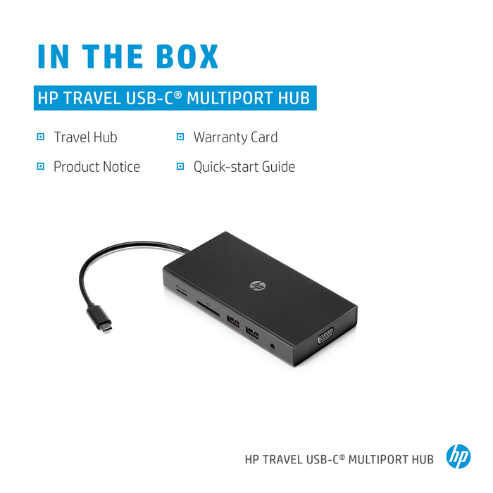 HP Travel USB-C Multi Port Hub, Wired, USB 2.0, Black, MicroSD (TransFlash), SD, China, Compatible with PCs with available USB Type-C port.
