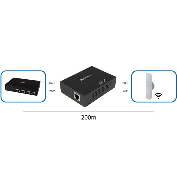 StarTech.com 1-Port Gigabit PoE+ Extender - 802.3at and 802.3af - 100 m (330 ft) - TAA, Network repeater, 100 m, 2000 Mbit/s, Full, Half, 50000 h, 10/100/1000Base-T(X)