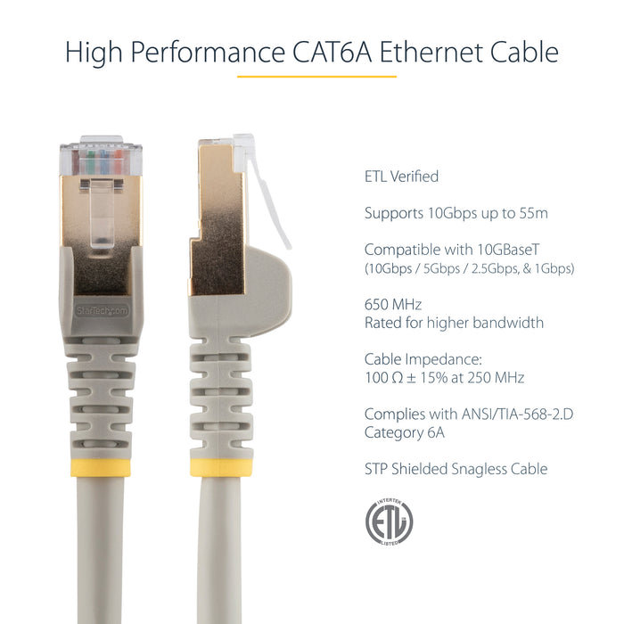StarTech.com 2m CAT6a Ethernet Cable - 10 Gigabit Shielded Snagless RJ45 100W PoE Patch Cord - 10GbE STP Network Cable w/Strain Relief - Grey Individually Tested/Wiring is UL Certified/TIA, 2 m, Cat6a, U/FTP (STP), RJ-45, RJ-45, Grey