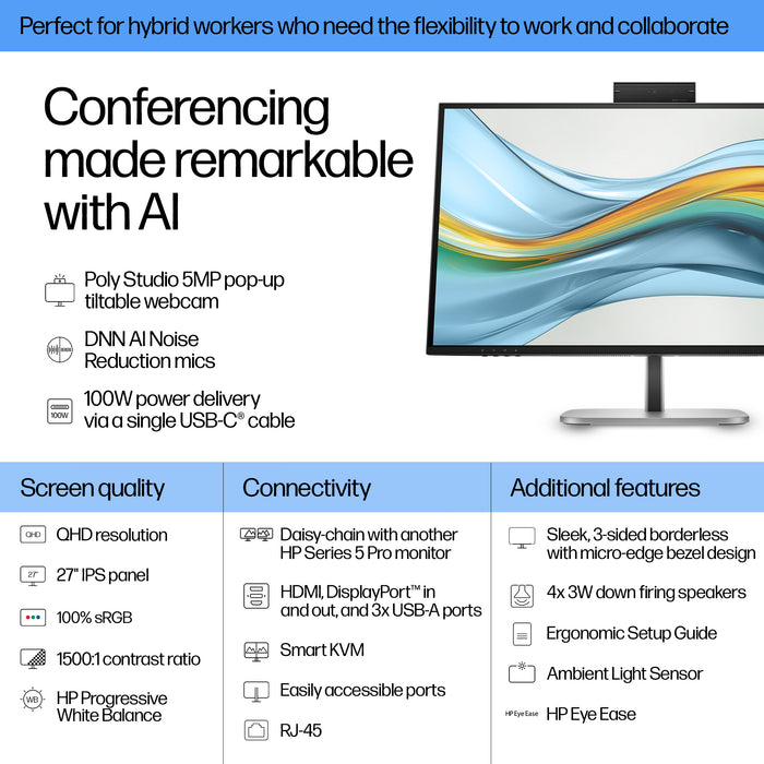 HP Series 5 Pro 27 inch QHD USB-C Conferencing Monitor - 527pm, 68.6 cm (27"), 2560 x 1440 pixels, Quad HD, LCD, 5 ms, Black