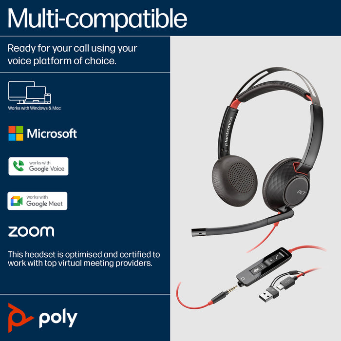 HP Poly Blackwire 5220 Stereo USB-C Headset +3.5mm Plug +USB-C/A Adapter, Wired, Business/Everyday, 165.2 g, Headset, Black