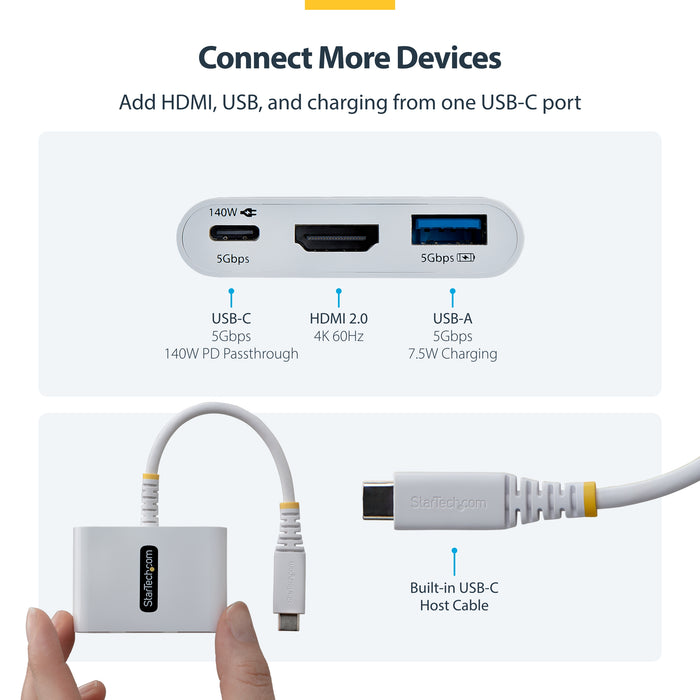 StarTech.com USB-C to HDMI Multiport Adapter with 140W PD Charging, 4K 60Hz HDMI, USB 5Gbps Hub, Mini Dock For MacBook / Dell / Thinkpad / HP / iPad / Tablets, Wired, USB 3.2 Gen 1 (3.1 Gen 1) Type-C, 140 W, White, 5 Gbit/s, 4K DCI