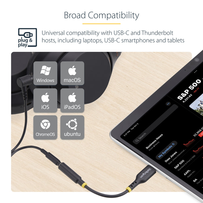 StarTech.com 5in (12.7cm) USB-C to 3.5mm TRRS Headphone/Headset Jack Audio Adapter, USB Type-C Aux Dongle, 32-bit DAC, Supports USB-C/Thunderbolt, Laptop/Phone/Tablet, USB Type-C 2.0, Male, 3.5 mm, Female, 0.127 m, Black